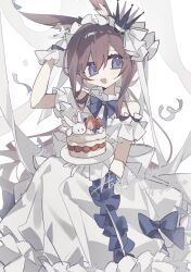 1girl :d alternate_costume amiya_(arknights) animal_ear_fluff animal_ears arknights arm_up bare_shoulders blue_bow blue_bowtie blue_eyes blush bow bowtie brown_hair cake commentary crown dress dress_bow english_commentary food frilled_dress frilled_hairband frills fruit gloves hair_between_eyes hairband happy_birthday highres holding holding_cake holding_food holding_plate long_hair looking_at_viewer mini_crown off-shoulder_dress off_shoulder open_mouth plate ponytail rabbit_ears rabbit_girl sen_(5710265) sidelocks simple_background smile solo strawberry white_background white_dress white_gloves white_hairband