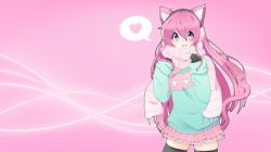 Rule 34 | 1girl, animal ears, artist request, black thighhighs, cat ears, cat girl, cat tail, earmuffs, female focus, gloves, heart, long hair, looking at viewer, miniskirt, nyatasha nyanners, open mouth, pink background, pink hair, pleated skirt, purple eyes, scarf, simple background, skirt, solo, spoken heart, standing, straight hair, sweater, tail, thighhighs, very long hair, virtual youtuber, vshojo, zettai ryouiki