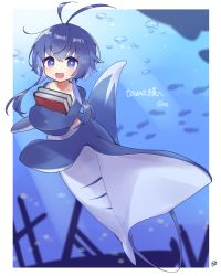 Rule 34 | 1girl, :3, antenna hair, blue hair, book, border, commission, extra arms, fish, gekkan shoujo nozaki-kun, highres, holding, holding book, iruka (tama), looking at viewer, manta ray girl, monster girl, nukawo, ocean, purple eyes, school of fish, second-party source, sidelocks, signature, skeb commission, smile, solo, swimming, taur, underwater, white border