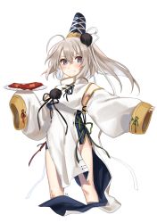 Rule 34 | 1girl, absurdres, adapted costume, ahoge, alternate costume, armpits, blue eyes, blush, chinese new year, commentary request, detached sleeves, dress, feet out of frame, grin, hair between eyes, hat, highres, holding, holding plate, long sleeves, looking at viewer, mononobe no futo, plate, pom pom (clothes), ponytail, shan, silver hair, simple background, sleeves past wrists, smile, solo, standing, tate eboshi, thighs, touhou, white background, white dress, wide sleeves
