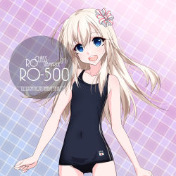 Rule 34 | 1girl, artist name, blonde hair, blue eyes, blue one-piece swimsuit, blush, character name, collarbone, commentary request, cowboy shot, eyes visible through hair, flat chest, gluteal fold, hair between eyes, hair ribbon, inaba shiki, japanese flag, kantai collection, logo, long hair, looking at viewer, one-piece swimsuit, open mouth, pink background, plaid, plaid background, ponytail, ribbon, ro-500 (kancolle), round teeth, school swimsuit, smile, solo, standing, striped clothes, striped one-piece swimsuit, swimsuit, teeth, u-511 (kancolle), upper teeth only, vertical-striped clothes, vertical-striped one-piece swimsuit