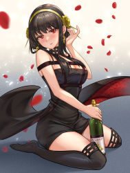 Rule 34 | 1girl, black dress, blush, bonury, bottle, breasts, cleavage, closed mouth, dress, earrings, falling petals, hairband, hand up, highres, jewelry, large breasts, looking at viewer, petals, red eyes, short dress, sitting, smile, solo, spy x family, tailcoat, wariza, yellow hairband, yor briar