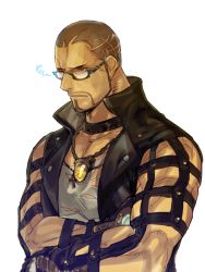 Rule 34 | 1boy, arm cutout, artist request, bara, beard, bespectacled, buzz cut, cyphers, dark-skinned male, dark skin, facial hair, glasses, grey tank top, jewelry, lleyton, looking to the side, male focus, mature male, muscular, muscular male, necklace, shirt, short hair, solo, tank top, torn clothes, torn shirt, upper body, very short hair, white background