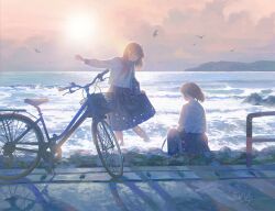 2girls absurdres backlighting bag bicycle day highres horizon multiple_girls neckerchief ocean original outdoors pale_color sailor_collar sailor_shirt school_bag school_uniform serafuku shirt shore shoulder_bag sitting_on_water skirt_hold wohaiweilao