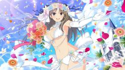 Rule 34 | 1girl, ahoge, animal, armpits, balloon, bird, bird wings, black ribbon, blue flower, blue rose, blue sky, blush, bouquet, bow, bra, breasts, bridal lingerie, bride, brown eyes, brown hair, bun cover, bush, church, cleavage, cloud, day, detached collar, double bun, earrings, elbow gloves, feathered wings, flock, flower, gloves, groin, hair bow, hair bun, hair flower, hair ornament, hair ribbon, heart, high heels, holding, holding bouquet, holding flower, jewelry, lace, large breasts, leaf, lens flare, linea alba, lingerie, long hair, looking at viewer, multicolored flower, multicolored rose, navel, necklace, official alternate costume, official art, open mouth, orange flower, orange rose, outdoors, palm leaf, palm tree, panties, pearl necklace, petals, pink bow, pink flower, pink rose, pumps, reaching, reaching towards viewer, red flower, red rose, renka (senran kagura), ribbon, rose, rose petals, sand, seagull, senran kagura, senran kagura estival versus, senran kagura new link, sky, smile, solo, stairs, steeple, teeth, tomoe (symbol), tongue, tree, underboob, underwear, water, water drop, white bow, white bra, white flower, white footwear, white gloves, white panties, white ribbon, white rose, window, wings, yaegashi nan, yellow flower, yellow rose