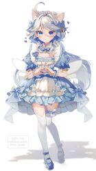 Rule 34 | 1girl, absurdres, ahoge, alternate costume, animal ears, artist name, bell, blue bow, blue dress, blue eyes, blue footwear, blue gemstone, blue hair, blue ribbon, bow, buttons, cat ears, commentary request, dress, dress bow, drop-shaped pupils, fake wings, footwear bow, frills, full body, furina (genshin impact), gem, genshin impact, gold trim, grey hair, hair between eyes, hair bow, hair ornament, hands up, headdress, heart, heart hair ornament, heart hands, heterochromia, highres, ichiyume ichiyu, kemonomimi mode, long hair, looking at viewer, mismatched pupils, multicolored hair, neck bell, neck ribbon, puffy short sleeves, puffy sleeves, ribbon, shadow, shoes, short sleeves, sidelocks, simple background, solo, standing, symbol-shaped pupils, teeth, thighhighs, two-tone dress, two-tone hair, watermark, white background, white dress, white headdress, white thighhighs, wings, wrist cuffs, x hair ornament