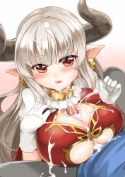 Rule 34 | 10s, 1boy, 1girl, alicia (granblue fantasy), blush, breasts, cleavage cutout, clothing cutout, cow girl, cow horns, cum, cum on body, cum on breasts, cum on hair, cum on upper body, dress, earrings, facial, gloves, gradient background, gran (granblue fantasy), granblue fantasy, hetero, horns, huge breasts, jewelry, long hair, mature female, miyuki rei, paizuri, paizuri under clothes, penis, pointy ears, red eyes, silver hair, simple background, solo focus, uncensored, white gloves