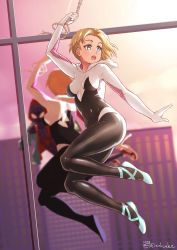 Rule 34 | 1boy, 1girl, animification, artist name, asymmetrical hair, bad id, bad pixiv id, ballet slippers, blonde hair, blue eyes, blurry, bodysuit, building, city, covered navel, depth of field, evening, eyebrow piercing, finalcake, gwen stacy, highres, hood, hood down, hood up, hooded bodysuit, jacket, looking at another, marvel, mask, miles morales, open mouth, piercing, reflection, short hair, sidecut, silk, smile, spider-gwen, spider-man: into the spider-verse, spider-man (miles morales), spider-man (series), spider-verse, spider web, spider web print, sunlight, sunset, superhero costume, undercut, window
