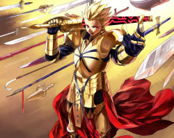 Rule 34 | 1boy, armor, blonde hair, doraiga-rei, ea (fate/stay night), earrings, fate/stay night, fate (series), gate of babylon (fate), gilgamesh (fate), hair up, jewelry, male focus, polearm, red eyes, solo, spear, sword, weapon