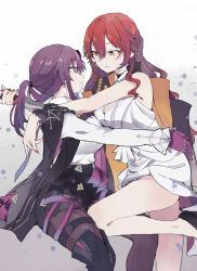Rule 34 | 2girls, arm on shoulder, bare arms, black coat, black shorts, blade to throat, breasts, brown thighhighs, chinese commentary, cleavage, coat, coat on shoulders, commentary request, dagger, dress, earrings, feet out of frame, fud, gloves, gradient background, grey background, highres, himeko (honkai: star rail), holding, holding dagger, holding knife, holding weapon, honkai: star rail, honkai (series), jewelry, kafka (honkai: star rail), kneeling, knife, large breasts, leg between thighs, long hair, long sleeves, looking at another, looking at viewer, multiple girls, ponytail, purple eyes, purple gloves, purple hair, red hair, shirt, shorts, smile, spread legs, thighhighs, thighs, wavy hair, weapon, white dress, white shirt, yellow eyes, yuri