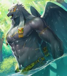 Rule 34 | 1boy, abs, animal ears, animal print, arm tattoo, blush, chest hair, chest tattoo, commentary, cowboy shot, fangs, fangs out, feathered wings, forest, forked eyebrows, furry, furry male, hozu (hozumi), jaguar boy, jaguar ears, jaguar tail, large pectorals, leopard print, long hair, male focus, male swimwear, muscular, muscular male, nature, navel, navel hair, nipples, partially underwater shot, pectorals, print male swimwear, print swim briefs, scar, solo, swim briefs, tail, tattoo, tezcatlipoca (housamo), thick eyebrows, tokyo houkago summoners, topless male, water drop, wings, yellow male swimwear, yellow swim briefs