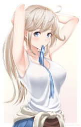 Rule 34 | 1girl, armpits, arms behind head, bare arms, bare shoulders, blonde hair, blue eyes, blue skirt, blush, breasts, cleavage, collarbone, commentary request, cucouroux (granblue fantasy), from side, futami (mg42fw190d), granblue fantasy, hair between eyes, hair tie, hat, highres, long hair, looking at viewer, medium breasts, miniskirt, mouth hold, pleated skirt, ribbon, shirt, skirt, solo, tank top, tying hair, upper body, white shirt