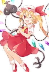 Rule 34 | 1girl, akagashi hagane, ascot, asymmetrical hair, blonde hair, bow, crystal, fang, flandre scarlet, hat, hat bow, laevatein, mob cap, one eye closed, open mouth, puffy sleeves, red eyes, side ponytail, solo, touhou, white background, wings
