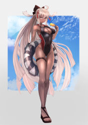 Rule 34 | 1girl, black bow, bow, breasts, cleavage, cleavage cutout, clothing cutout, cloud, cloudy sky, competition swimsuit, dark skin, fate/grand order, fate (series), food, full body, grey background, highres, innertube, koha-ace, large breasts, long hair, ohako (ohako1818), okita souji (fate), okita souji alter (fate), one-piece swimsuit, popsicle, sandals, sky, swim ring, swimsuit, tassel, thigh strap, two-tone background, very long hair, white hair