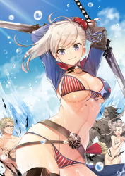 Rule 34 | 2boys, 2girls, american flag bikini, american flag print, arms up, bare shoulders, beach, belt, bikini, blonde hair, blue eyes, blue jacket, blue sky, blush, breasts, brown gloves, bun cover, cleavage, closed mouth, collarbone, covering breasts, covering privates, cropped jacket, crossed arms, day, fate/grand order, fate/stay night, fate (series), fingerless gloves, flag print, gloves, grin, gunblade, hair bun, hair ribbon, heracles (fate), highres, jacket, jeanne d&#039;arc (fate), jeanne d&#039;arc alter (avenger) (fate), jeanne d&#039;arc alter (fate), large breasts, long hair, looking at viewer, miyamoto musashi (fate), miyamoto musashi (fate/grand order), miyamoto musashi (swimsuit berserker) (fate), miyamoto musashi (swimsuit berserker) (second ascension) (fate), multiple boys, multiple girls, muscular, navel, pink hair, print bikini, ribbon, sakata kintoki (fate), sakata kintoki (rider) (fate), short hair, shrug (clothing), silver hair, single hair bun, sky, smile, sunglasses, swimsuit, teddy (khanshin), thighs, torn clothes, very long hair, water, waves, weapon, yellow eyes