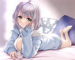 Rule 34 | 1girl, barefoot, blue cardigan, braid, breasts, cardigan, cleavage, closed mouth, full body, green eyes, grey hair, hair ornament, hand on own cheek, hand on own face, head rest, highres, hololive, kamishiro mai (capti-no), large breasts, looking at viewer, lying, medium hair, on stomach, open cardigan, open clothes, pop (shirogane noel), shirogane noel, shirogane noel (school uniform), shirt, sleeves past wrists, smile, solo, the pose, virtual youtuber, white shirt, x hair ornament