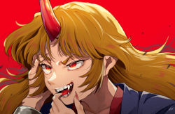Rule 34 | 1girl, absurdres, backlighting, blonde hair, blue kimono, commentary request, cuffs, debris, excited, fangs, finger in own mouth, fingernails, from side, gradient eyes, hand on own face, highres, horns, hoshiguma yuugi, hoshiguma yuugi (kimono), japanese clothes, kimono, long hair, looking afar, multicolored eyes, nail polish, open mouth, parted bangs, pointy ears, red background, red eyes, red horns, red nails, seigaiha, shackles, sharp fingernails, sidelocks, simple background, single horn, slit pupils, smile, solo, teeth, touhou, uchisaki himari, upper body, very long hair, wind, yellow eyes