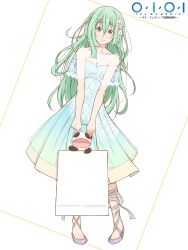 Rule 34 | 1girl, alice carroll, alternate costume, andanden, aqua dress, aria (manga), bag, cat, dress, floral print, full body, gradient dress, green hair, hair between eyes, high heels, highres, holding, lace trim, long hair, looking at viewer, open mouth, pleated dress, president maa, purple footwear, shopping bag, solo, toe cleavage, white background