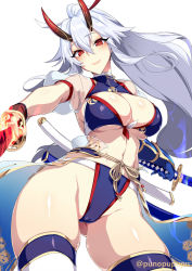 Rule 34 | 1girl, arm guards, bikini, blue bikini, blush, breasts, cameltoe, cleavage, closed mouth, dual wielding, fate/grand order, fate (series), hair between eyes, highres, holding, horns, katana, large breasts, long hair, looking at viewer, mitsudomoe (shape), navel, oni horns, ponytail, puuzaki puuna, red eyes, red horns, sheath, short sleeves, sidelocks, silver hair, simple background, smile, solo, swimsuit, sword, thighhighs, tomoe (symbol), tomoe gozen (fate), tomoe gozen (swimsuit saber) (fate), tomoe gozen (swimsuit saber) (third ascension) (fate), very long hair, waist cape, weapon, white background