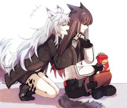 Rule 34 | +++, 2girls, anger vein, animal ears, annoyed, arknights, black hair, black legwear, closed eyes, coat, feeding, fingerless gloves, food, gloves, happy, highres, indian style, jacket, lappland (arknights), long hair, long sleeves, material growth, multiple girls, nga (ray ray), open mouth, originium (arknights), oripathy lesion (arknights), pantyhose, pocky, shoes, short shorts, shorts, silver hair, simple background, sitting, squatting, tail, texas (arknights), white background, wolf ears, wolf girl, wolf tail