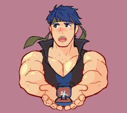 Rule 34 | 1boy, bara, blush, box, cropped torso, fire emblem, fire emblem: radiant dawn, green headband, headband, holding, holding box, ike (fire emblem), jewelry, jon (jonigiri), large pectorals, male focus, marriage proposal, muscular, muscular male, nintendo, open mouth, pectoral cleavage, pectorals, ring, ring box, wedding ring