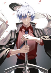 Rule 34 | 1boy, ahoge, bad id, bad pixiv id, black pants, blue hair, hair over one eye, hand on hilt, highres, holding, holding weapon, jacket, jacket on shoulders, looking at viewer, necktie, original, pants, planted, planted sword, planted weapon, purple eyes, red shirt, shirt, smile, solo, sword, tsuki-shigure, weapon, white jacket