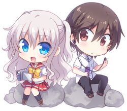 Rule 34 | 1boy, 1girl, blush, bow, brown eyes, brown hair, camera, charlotte (anime), chibi, chibi only, closed mouth, commentary, eyes visible through hair, frown, grey hair, hair between eyes, holding, holding camera, homurahara academy school uniform, kousetsu, long hair, looking at another, looking at viewer, lowres, miniskirt, open mouth, otosaka yuu, pleated skirt, red sailor collar, red skirt, rock, sailor collar, school uniform, shirt, short hair, short sleeves, simple background, sitting, sitting on rock, skirt, smile, tomori nao, two side up, video camera, wavy hair, white background, white shirt, yellow bow