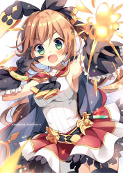 Rule 34 | &gt;:d, 10s, 1girl, :d, black gloves, black ribbon, blush, book, bracelet, breasts, cape, clarisse (granblue fantasy), copyright name, explosion, frilled gloves, frills, gloves, granblue fantasy, green eyes, hair between eyes, hair ribbon, jewelry, light brown hair, light particles, long hair, looking at viewer, magic, medium breasts, miniskirt, open book, open mouth, pan (mimi), red skirt, ribbon, sideboob, simple background, skirt, sleeveless, smile, solo, star (symbol), taut clothes, thighhighs, v, v-shaped eyebrows, v over eye, vial, white background, zettai ryouiki