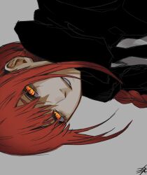 Rule 34 | 1girl, black jacket, black necktie, braid, braided ponytail, chainsaw man, collared shirt, dark background, formal, highres, jacket, looking at viewer, makima (chainsaw man), medium hair, nanakusa kayu (kibou-girl), necktie, parted lips, red hair, ringed eyes, shirt, sidelocks, signature, simple background, smile, solo, suit, suit jacket, upside-down, yellow eyes