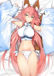 Rule 34 | 10s, 1girl, animal ear fluff, animal ears, arms up, blush, bow, breasts, brown eyes, closed mouth, commentary request, crop top, detached sleeves, fate/extra, fate (series), fox ears, fox girl, fox tail, groin, hair between eyes, hair bow, head tilt, highres, hip focus, japanese clothes, kimono, large breasts, long hair, long sleeves, lying, midriff, navel, on back, pelvic curtain, pinching sleeves, pink hair, silver (chenwen), sleeveless, sleeveless kimono, sleeves past fingers, sleeves past wrists, smile, solo, tail, tamamo (fate), tamamo no mae (fate/extra), thighs, very long hair, white bow, white kimono, wide sleeves, yellow eyes