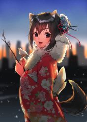 Rule 34 | 1girl, :3, :d, animal, animal ears, bird, black hair, blue sky, blurry, blurry background, blush, branch, cityscape, depth of field, dog ears, dog tail, fang, fangs, floral print, flower, from side, fur collar, hair flower, hair ornament, hair ribbon, highres, holding, holding branch, itohana, japanese clothes, kimono, long sleeves, looking at viewer, looking to the side, open mouth, original, print kimono, purple eyes, red kimono, red ribbon, ribbon, sash, short hair, sky, smile, solo, tail, upper body, wide sleeves