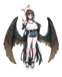 Rule 34 | 1girl, absurdres, black choker, black hair, black wings, blue archive, blue shorts, blush, breasts, choker, closed mouth, covered erect nipples, dodok (gj77230), feathered wings, full body, hair between eyes, halo, hasumi (blue archive), hasumi (track) (blue archive), highres, holding, holding pen, huge breasts, jacket, large wings, long bangs, long hair, long sleeves, looking at viewer, low wings, partially unzipped, pen, ponytail, red eyes, shoes, shorts, simple background, sneakers, socks, solo, track jacket, very long hair, white background, white socks, wings