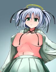 Rule 34 | 1girl, blue hair, bokusatsu tenshi dokuro-chan, breasts, closed mouth, covered erect nipples, gradient background, green eyes, halo, highres, large breasts, mitsukai dokuro, navel, no bra, open clothes, open shirt, ryuukiyu, short hair, simple background, skirt, solo, standing, twintails