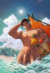 Rule 34 | 1boy, abs, absurdres, adventurer (ff14), bara, beach, black hair, completely nude, day, erection, facial hair, final fantasy, final fantasy xiv, food, fruit, highres, holding, holding food, holding fruit, hyur, large pectorals, looking at viewer, male focus, mikomi 95, muscular, muscular male, navel, nipples, nude, outdoors, partially submerged, pectorals, penis, short hair, sky, smile, solo, testicles, warrior of light (ff14), water, watermelon