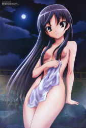 Rule 34 | 00s, 1girl, 2007, absurdres, arm support, black eyes, black hair, breasts, censored, cloud, collarbone, company name, convenient censoring, copyright name, fence, full moon, hair censor, hair over breasts, head tilt, highres, holding, holding towel, ichijou eika, kawada tsuyoshi, long hair, medium breasts, megami magazine, moon, night, nude, official art, onsen, outdoors, parted lips, plant, rock, scan, sky, sky girls, solo, towel, towel in front, tsurime, very long hair, watermark, white towel