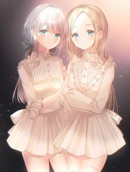 Rule 34 | 2girls, aqua eyes, arm up, black background, blonde hair, commentary, cowboy shot, expressionless, flower, forehead, gradient background, hair ribbon, head tilt, high collar, holding hands, interlocked fingers, kompeitou (lemon garden), light blush, light particles, long hair, long sleeves, looking at viewer, low ponytail, miniskirt, multiple girls, original, pink background, ribbon, rose, shirt, silver hair, skirt, sleeves past elbows, standing, symbol-only commentary, thighhighs, very long hair, white flower, white legwear, white rose, white shirt, white skirt, zettai ryouiki
