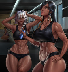 Rule 34 | 2girls, abs, absurdres, ana (overwatch), armpits, arms up, bad anatomy, bad id, bad pixiv id, black hair, black shorts, breasts, brown eyes, cameltoe, can, cleavage, commentary request, dark-skinned female, dark skin, drink can, exercising, eye of horus, eyelashes, eyepatch, facial tattoo, gym, hair tubes, hand on own hip, highres, hip bones, korean commentary, large breasts, lips, medium breasts, midriff, mijangsen, mole, mole under eye, mother and daughter, multiple girls, muscular, muscular female, navel, nike (company), nose, old, old woman, one-eyed, overwatch, overwatch 1, pharah (overwatch), short shorts, shorts, silver hair, soda can, sports bra, standing, sweat, tattoo, thick thighs, thigh gap, thighs, towel, towel on head
