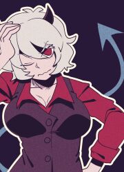 Rule 34 | 1girl, annoyed, black background, black horns, black vest, demon, demon girl, demon horns, demon tail, hand on own head, helltaker, highres, horns, liang tou, looking at viewer, malina (helltaker), one eye closed, red shirt, shirt, tail, vest, white hair