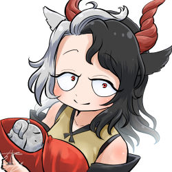 Rule 34 | 1girl, animal ears, profile picture, bare shoulders, black hair, chamaji, cow ears, crop top, haori, holding, horns, japanese clothes, looking at viewer, lowres, multicolored hair, red eyes, red horns, signature, smile, solo, split-color hair, statue, touhou, two-tone hair, upper body, ushizaki urumi, white background, white hair