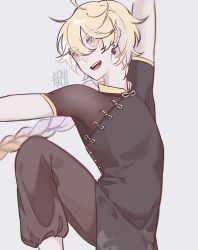 Rule 34 | 1boy, aether (genshin impact), ahoge, blonde hair, chinese clothes, earrings, genshin impact, hair between eyes, highres, jewelry, kohianji, male focus, open mouth, smile, yellow eyes