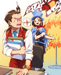 Rule 34 | !, 1boy, 1girl, ace attorney, angry, annoyed, antenna hair, apollo justice, asymmetrical hair, blue cape, blue eyes, blue headwear, blue necktie, book, boots, bracelet, brown eyes, brown hair, cape, collared shirt, desk, diamond (shape), dress, earrings, envelope, fire, fire extinguisher, gem, gloves, green gemstone, happy, hat, hi-fi (fijazzy), holding, holding envelope, holding paper, jacket, jewelry, looking at another, looking back, magic trick, magical girl, magician, necktie, open mouth, paper, pointing, pouch, red jacket, ring of fire, scarf, shirt, short hair, sleeveless, sleeveless dress, sleeveless jacket, sleeves rolled up, spade (shape), speech bubble, swivel chair, teeth, top hat, trucy wright, white footwear, white gloves, white shirt
