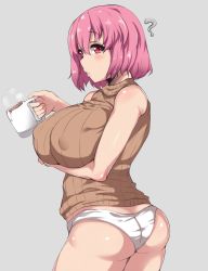 Rule 34 | 1girl, ?, ass, bad id, bad pixiv id, bare shoulders, breast hold, breasts, butt crack, covered erect nipples, cup, female focus, grey background, highres, hot chocolate, huge breasts, looking back, moisture (chichi), panties, pink eyes, pink hair, plump, red eyes, ribbed sweater, saigyouji yuyuko, short hair, simple background, sleeveless, sleeveless turtleneck, solo, sweater, thighs, touhou, turtleneck, underwear, white panties
