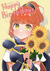 Rule 34 | 1girl, absurdres, arle nadja, armor, blush, cape, dated, drop shadow, flower, gauntlets, happy birthday, highres, holding, holding flower, looking at viewer, muneate, orange hair, ponytail, puyopuyo, short sleeves, smile, solo, sorami, sunflower, upper body, yellow eyes