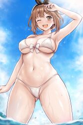 Rule 34 | 1girl, ;d, arm up, atelier (series), atelier ryza, atelier ryza 1, beret, bikini, blue sky, blush, breasts, brown eyes, brown hair, cloud, day, gluteal fold, hair ornament, hairclip, hat, highres, large breasts, navel, one eye closed, open mouth, outdoors, r-binon, reisalin stout, short hair, sky, smile, solo, stomach, swimsuit, thighs, underboob, wading, water, wet, white bikini