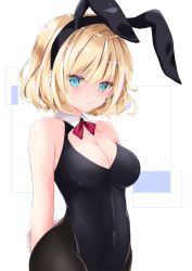 Rule 34 | 1girl, :&lt;, alice margatroid, animal ears, arms behind back, bad id, bad pixiv id, bare arms, bare shoulders, black leotard, black pantyhose, blonde hair, blue eyes, blush, bow, bowtie, breasts, bunny day, cleavage, cleavage cutout, clothing cutout, commentary request, expressionless, fake animal ears, groin, hairband, highres, leotard, looking at viewer, nanase nao, pantyhose, playboy bunny, rabbit ears, rabbit tail, red bow, short hair, solo, tail, touhou, white background