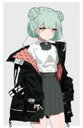 Rule 34 | 1girl, absurdres, black bow, black bowtie, black jacket, bow, bowtie, brooch, closed mouth, collared shirt, double bun, dress shirt, earrings, expressionless, gioyun vi, green hair, grey skirt, hair bun, highres, hololive, jacket, jewelry, looking at viewer, miniskirt, open clothes, open jacket, pleated skirt, red eyes, shirt, short hair, skirt, skull brooch, solo, uruha rushia, virtual youtuber, white shirt