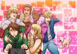 Rule 34 | 10s, 1girl, 5boys, antonio lopez, bare shoulders, barnaby brooks jr., blonde hair, blue eyes, blue jacket, blush, bomber jacket, brown eyes, brown hair, covering face, covering own mouth, covering privates, dark-skinned male, dark skin, detached sleeves, dog, glasses, jacket, john (tiger &amp; bunny), kaburagi t. kotetsu, karina lyle, keith goodman, laughing, long hair, multiple boys, nathan seymour, pink eyes, pink hair, short hair, surprised, sutocking, tiger &amp; bunny, torn clothes, vest