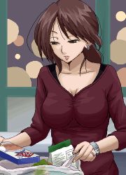 Rule 34 | 1girl, breasts, brown hair, cleavage, clock, closed mouth, collarbone, contemporary, expressionless, glasses, indoors, large breasts, lips, lowres, oekaki, reading, semi-rimless eyewear, solo, table, upper body, watch, wristwatch