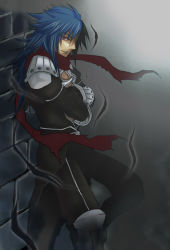 Rule 34 | 1boy, armor, armored boots, assassin cross (ragnarok online), bio lab, black cape, black pants, black shirt, blue hair, boots, brick wall, cape, commentary request, crossed arms, eremes guile, feet out of frame, gauntlets, hair between eyes, leaning back, long hair, looking at viewer, looking to the side, male focus, open clothes, open mouth, open shirt, pants, pauldrons, ragnarok online, red eyes, red scarf, scarf, shirt, shoulder armor, solo, sptbird, torn cape, torn clothes, torn scarf, waist cape
