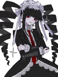 1girl black_hair black_nails black_skirt blunt_bangs celestia_ludenberg center_frills collared_shirt cowboy_shot danganronpa:_trigger_happy_havoc danganronpa_(series) drill_hair earrings frills grin highres jacket jewelry lace lace-trimmed_skirt lace_trim layered_skirt long_hair long_sleeves nail_polish necktie open_clothes open_jacket red_eyes red_necktie shirt simple_background skirt smile solo teeth twin_drills twintails uma_(npon_zinsei) white_background